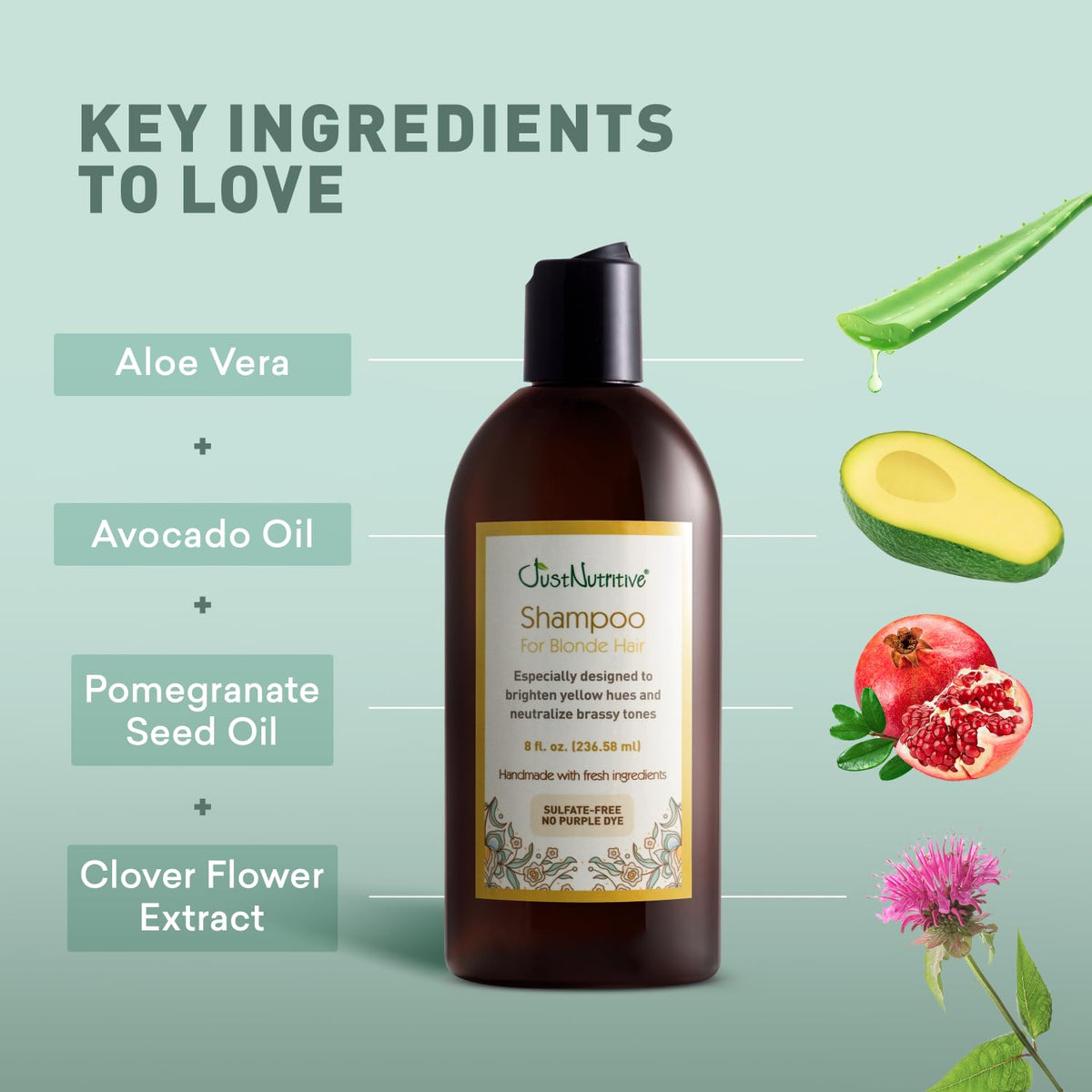Just Nutritive Blonde Shampoo packaging photographed with botanicals supports calm routine