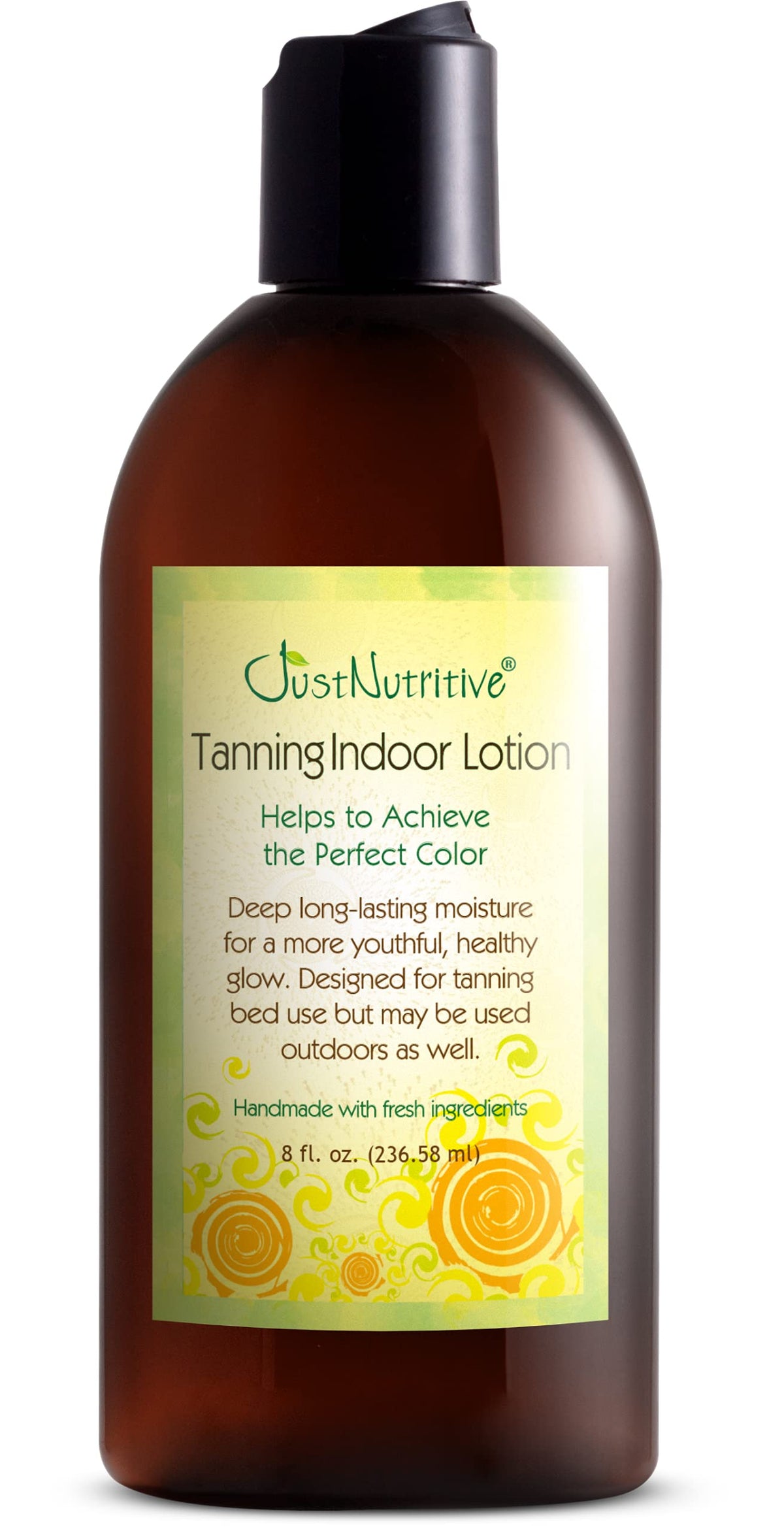 Just Nutritive Indoor Tanning Lotion bottle spotlights skin hydration for a smoother tan.