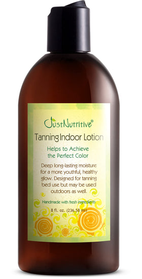Just Nutritive Indoor Tanning Lotion bottle spotlights skin hydration for a smoother tan.