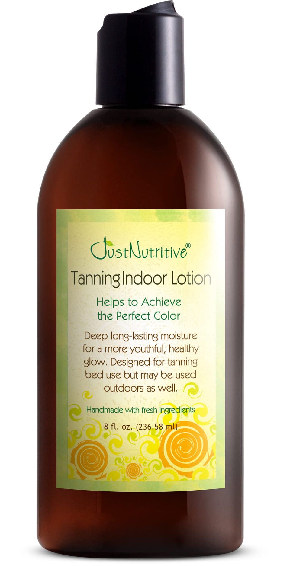 Just Nutritive Indoor Tanning Lotion bottle spotlights skin hydration for a smoother tan.