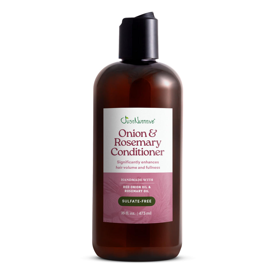 Just Nutritive onion-rosemary conditioner bottle boosts volume and fullness with natural oils