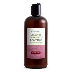 Just Nutritive Onion and Rosemary Shampoo bottle front promoting thicker, healthier hair.