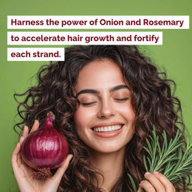 Just Nutritive Onion and Rosemary Shampoo label closeup highlights onion oil for scalp nourishment.