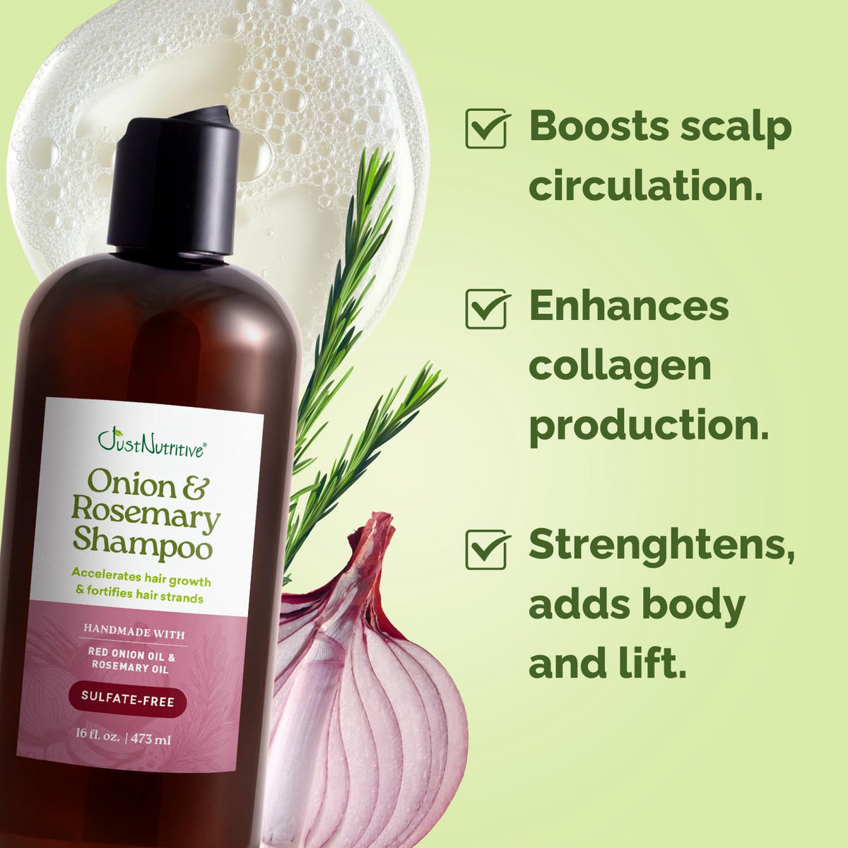 Just Nutritive Onion and Rosemary Shampoo pump for convenient daily use.
