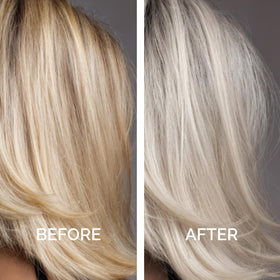Just Nutritive Purple Conditioner before-after swatches demonstrate brass neutralization