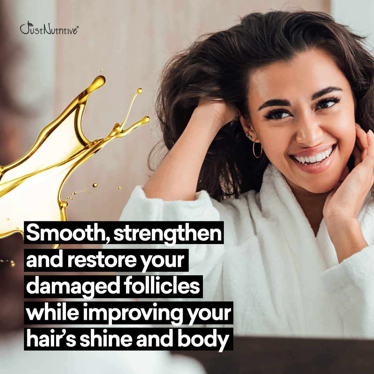 Just Nutritive rosemary oil drops highlight natural scent and scalp care.