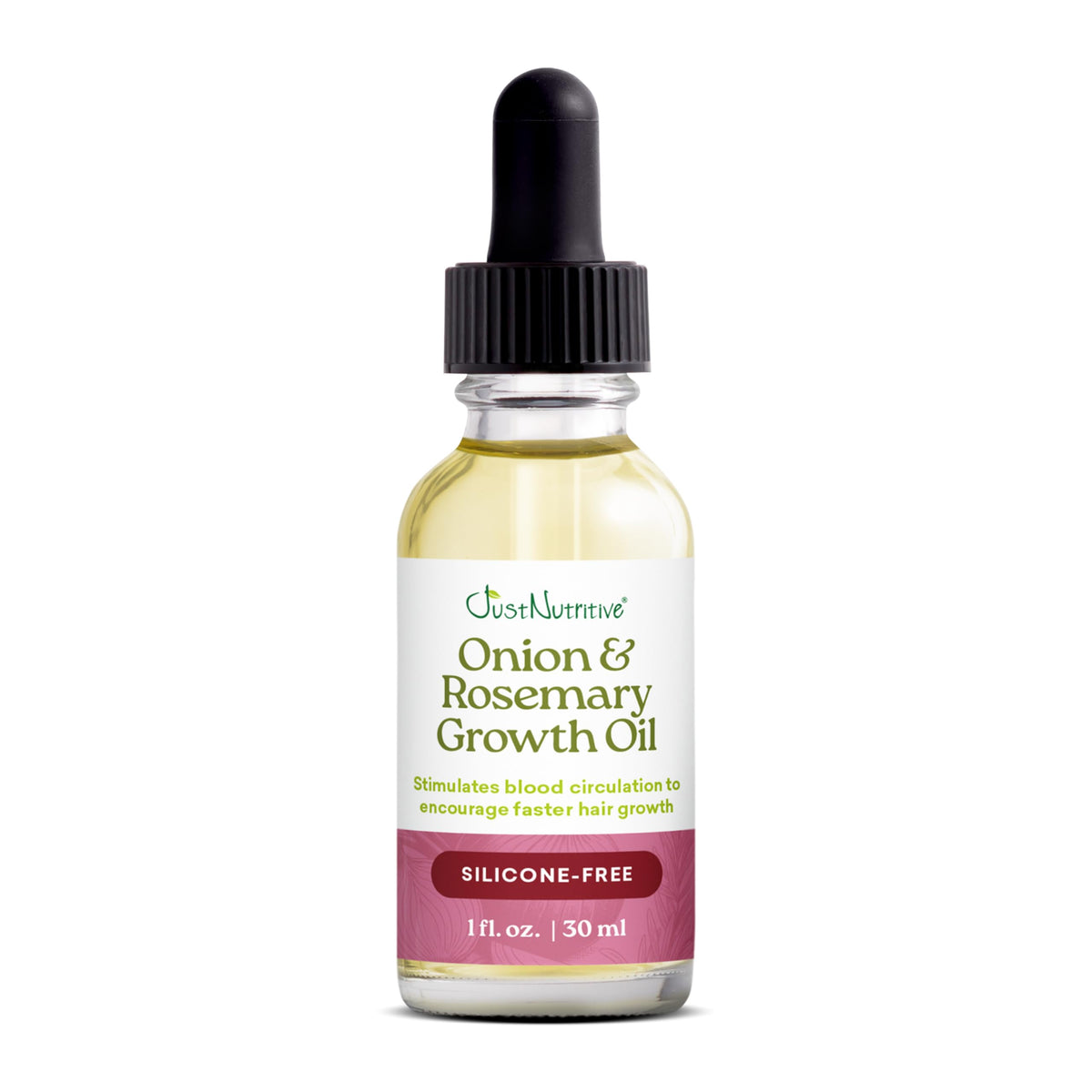 Just Nutritive Rosemary and Onion Hair Growth Oil bottle for convenient at-home scalp care and nourishment.