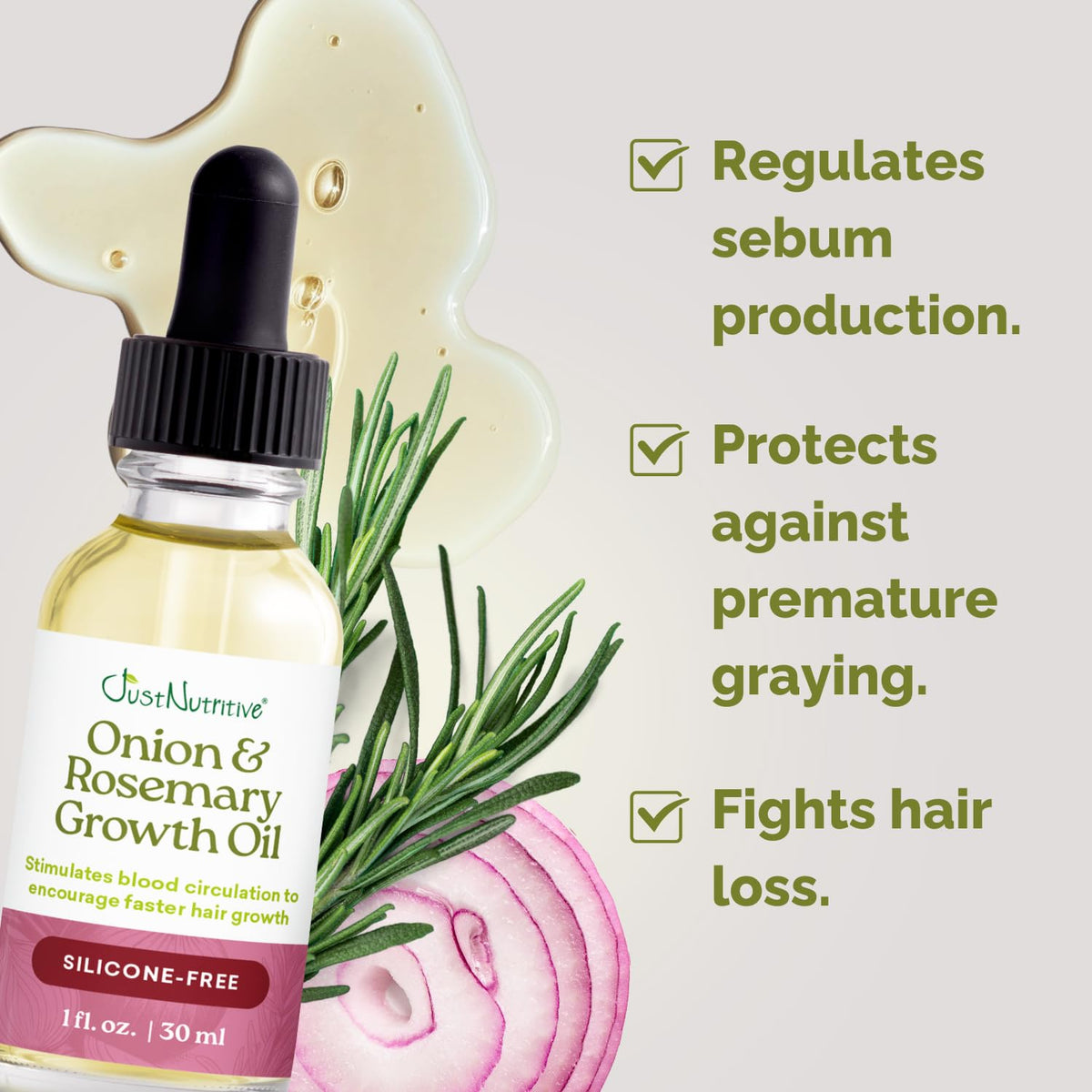 Just Nutritive Rosemary and Onion Oil on hair sample shows smoother, shinier strands.