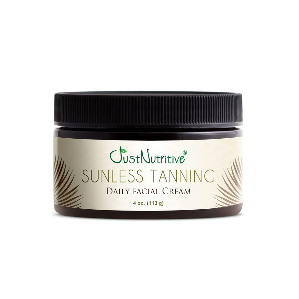 Just Nutritive sunless tanning facial cream bottle for an even, streak-free bronze.