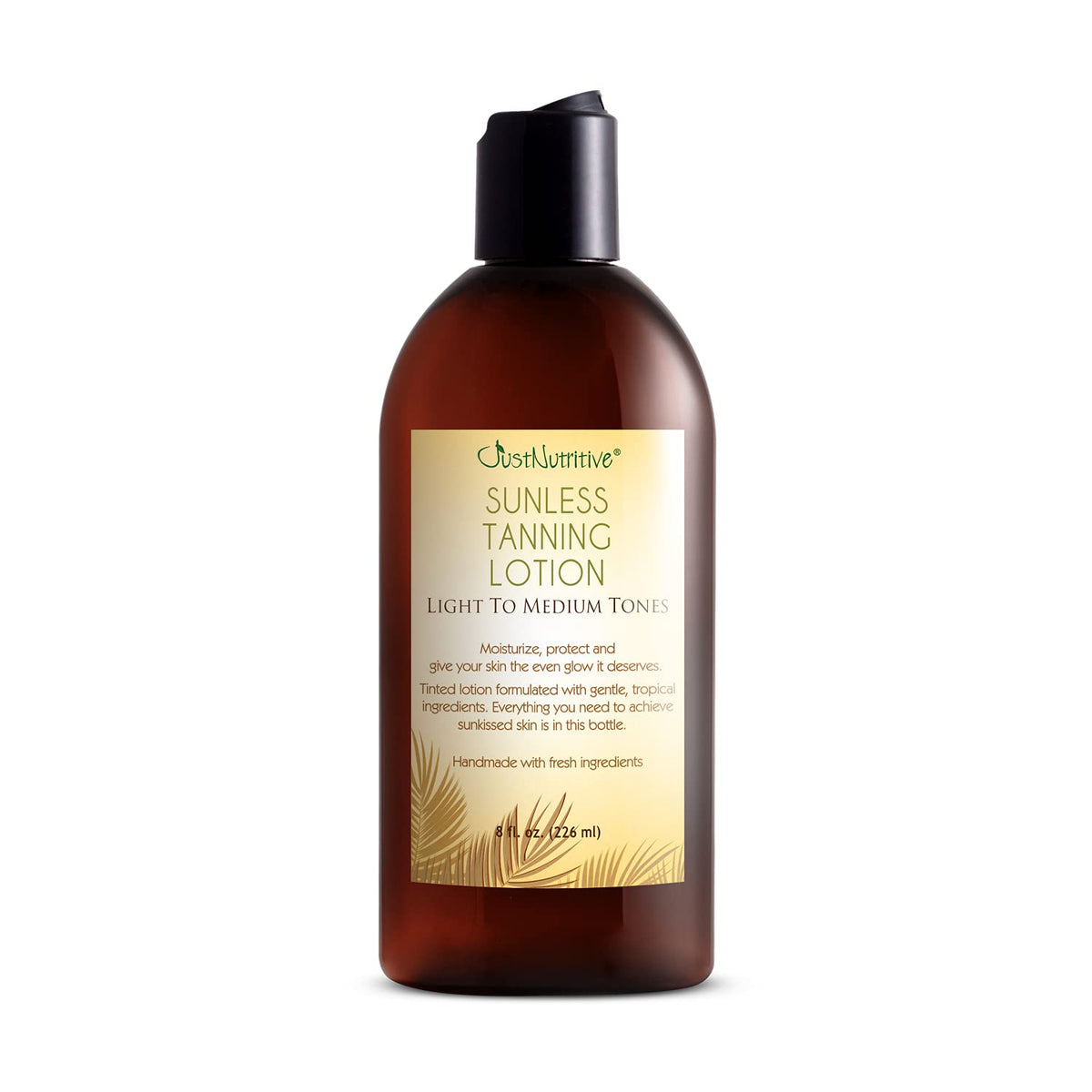 Just Nutritive sunless tanning lotion bottle shows light-medium shade for natural glow.