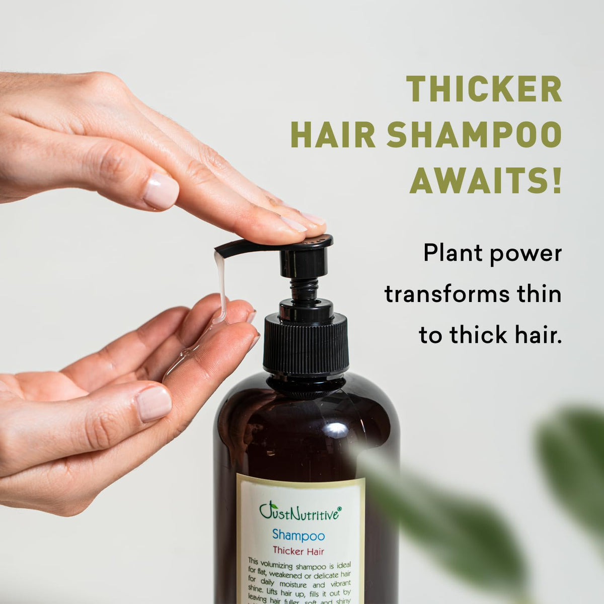 Just Nutritive Thick Hair Shampoo ingredients bottle, featuring aloe, coconut oil, and vitamin B5