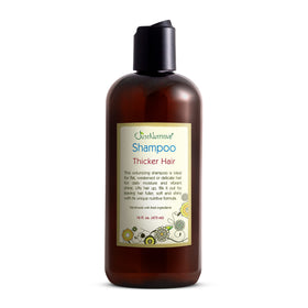 Just Nutritive Thickening Shampoo bottle on shelf, sulfate-free formula promoting fuller look