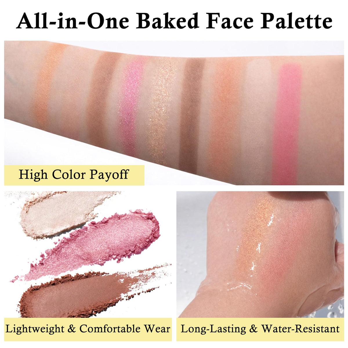 Jutqut All-in-One baked palette highlighter delivers soft radiance.