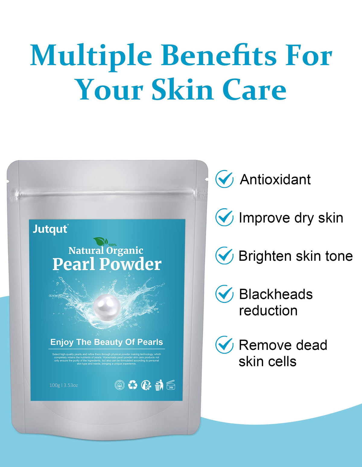 Jutqut cosmetic-grade pearl powder close-up showing natural luster