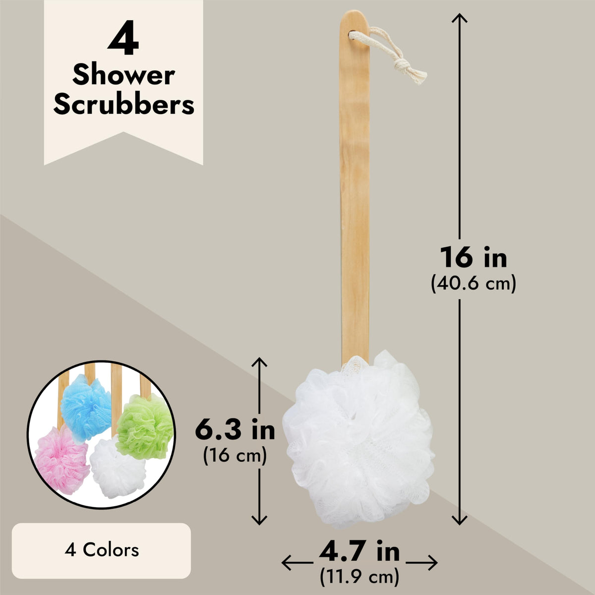 juvale loofah back scrubber wooden handle provides sturdy, stable support