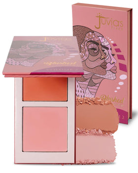Juvia's Place Blushed Duo compact closeup—two-tone shades for versatile daytime to evening blush.