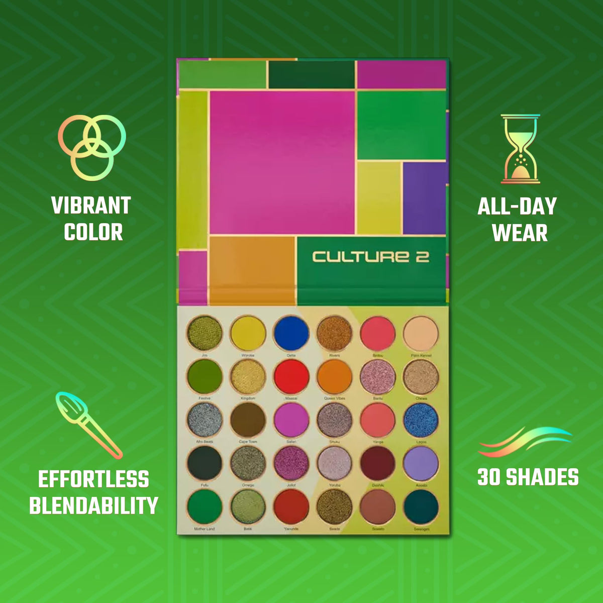 Juvia's Place Culture 2 30-shades swatches row demonstrates diverse pigment options.