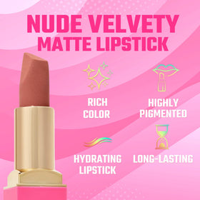 Juvia's Place Lipstick Me lips wearing a nude shade with velvety matte finish.