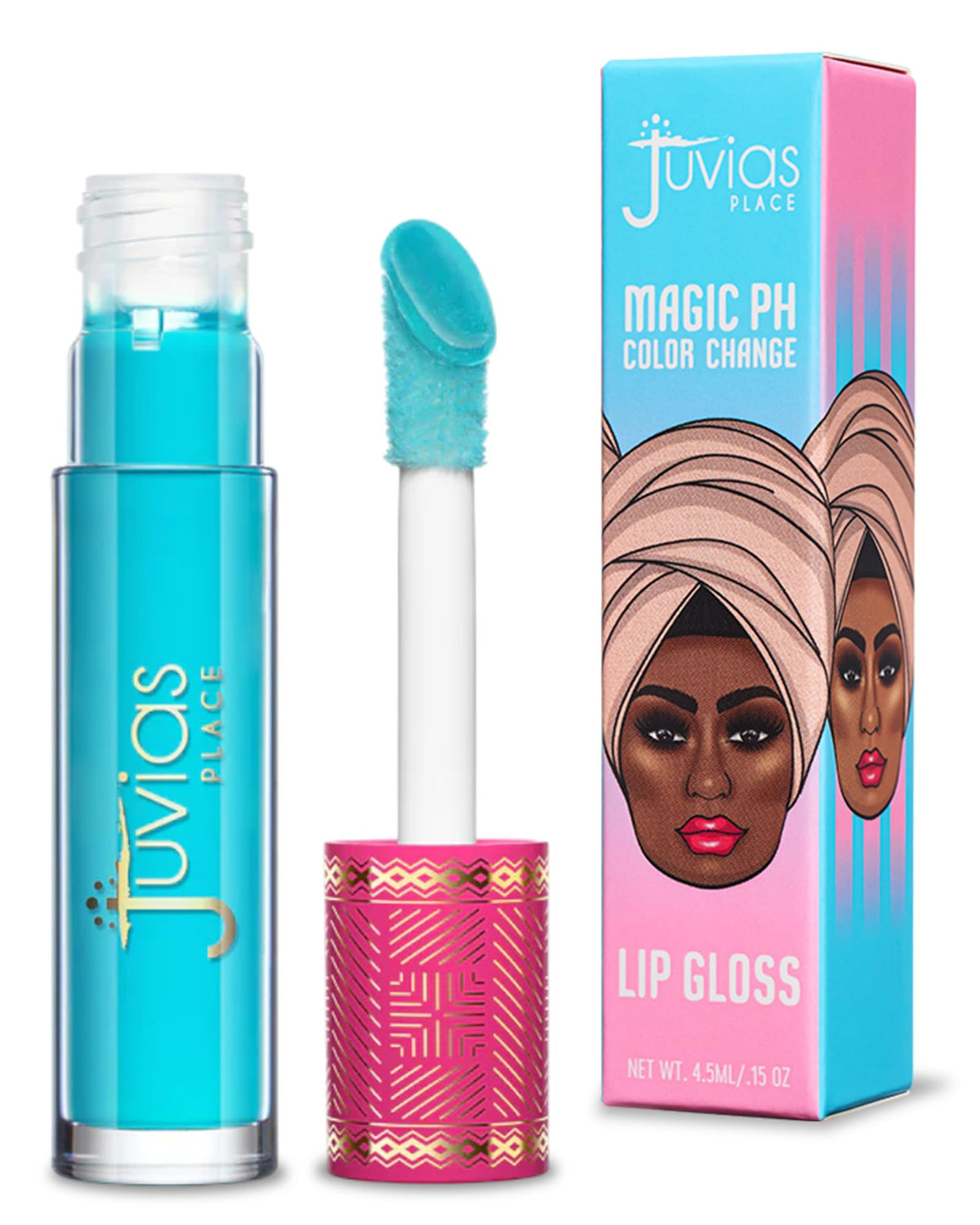 Juvia's Place Mood lip gloss reveals a color-changing pink hue with a radiant, natural-looking gloss.