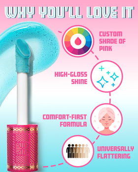 Mood lip gloss swatch demonstrates buildable color for a subtle tint or brighter shine.