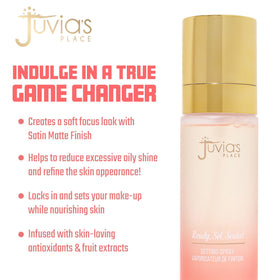 Juvia's Place Ready, Set, Sealed bottle shown on makeup look for balanced hold.