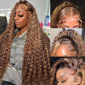 Juviso 28-inch highlight ombre lace front wig with honey blonde tones for versatile styling.