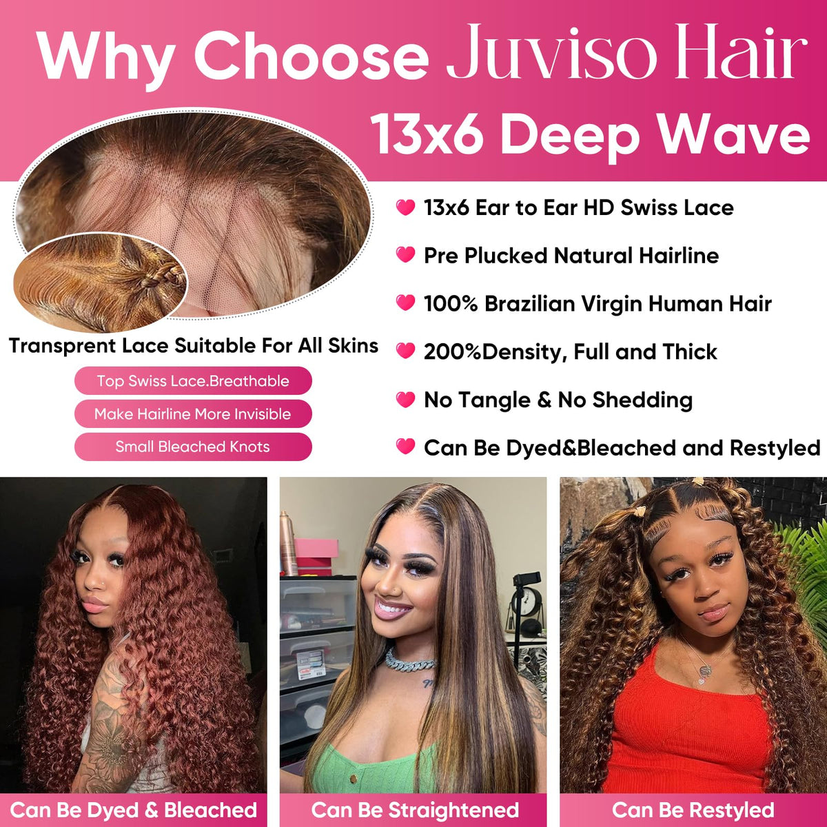 Juviso glueless cap with multiple combs and adjustable straps for secure wear.