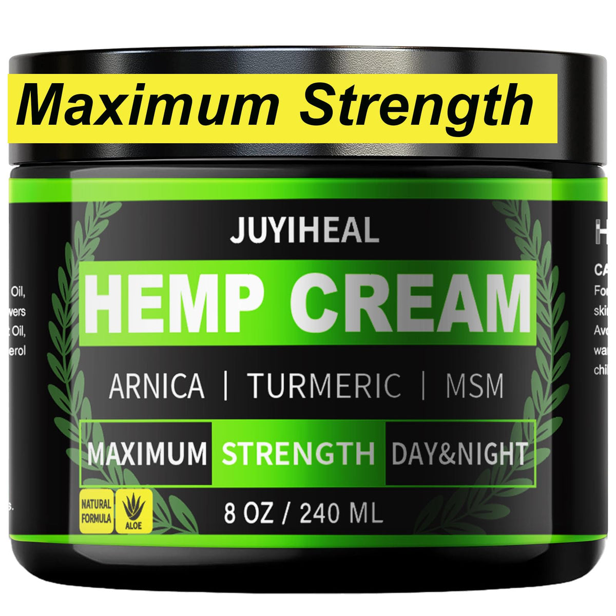 JUYIHEAL 8oz hemp cream bottle front highlighting natural ingredients for skin comfort.