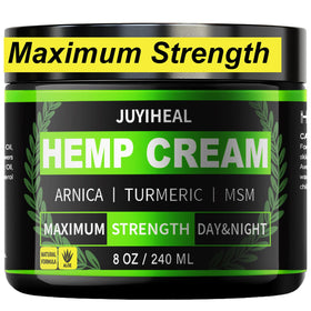 JUYIHEAL 8oz hemp cream bottle front highlighting natural ingredients for skin comfort.