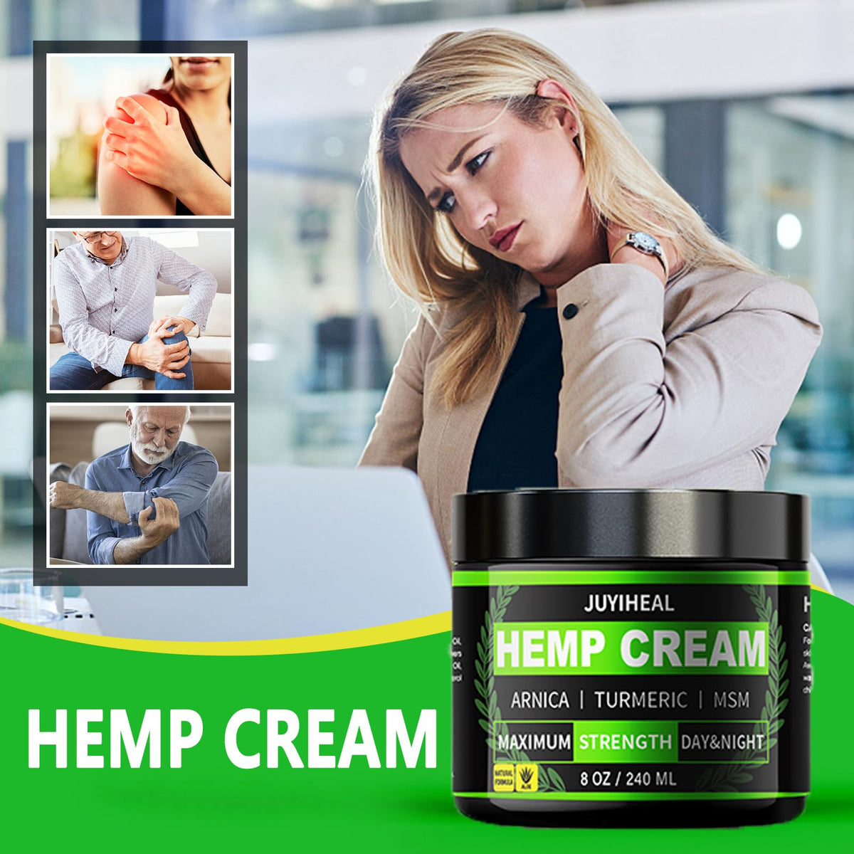 JUYIHEAL hemp cream label close-up emphasizing natural formula and key actives.