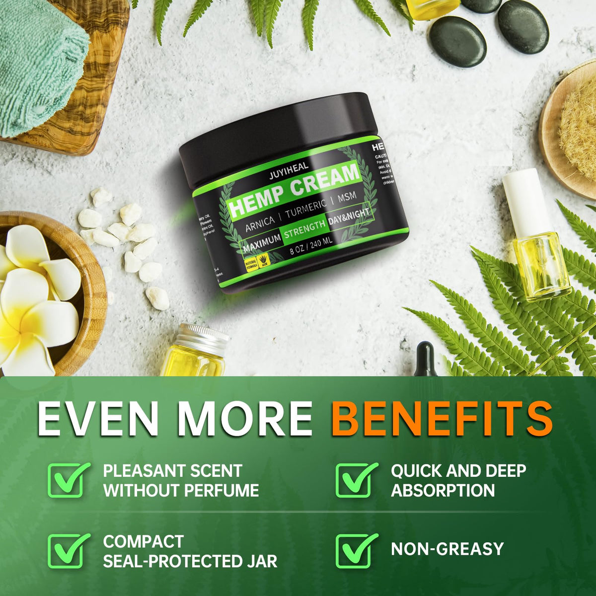 JUYIHEAL ingredients chart highlights hemp oil, arnica, turmeric.