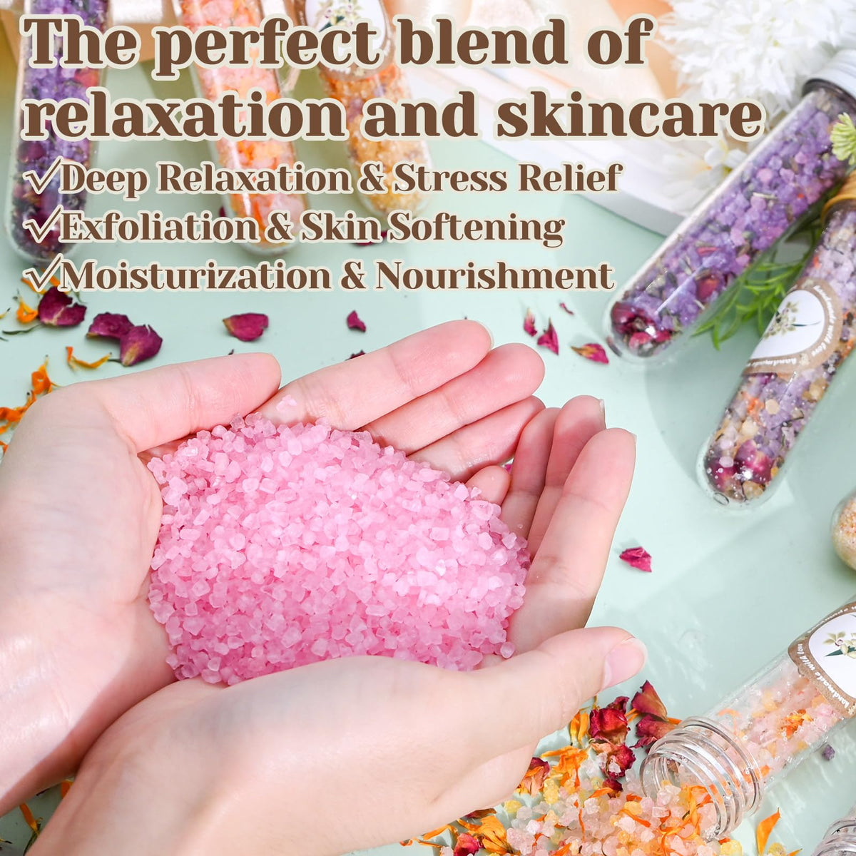 JUYRLE bath salts dissolving in warm water creating spa-like aroma.