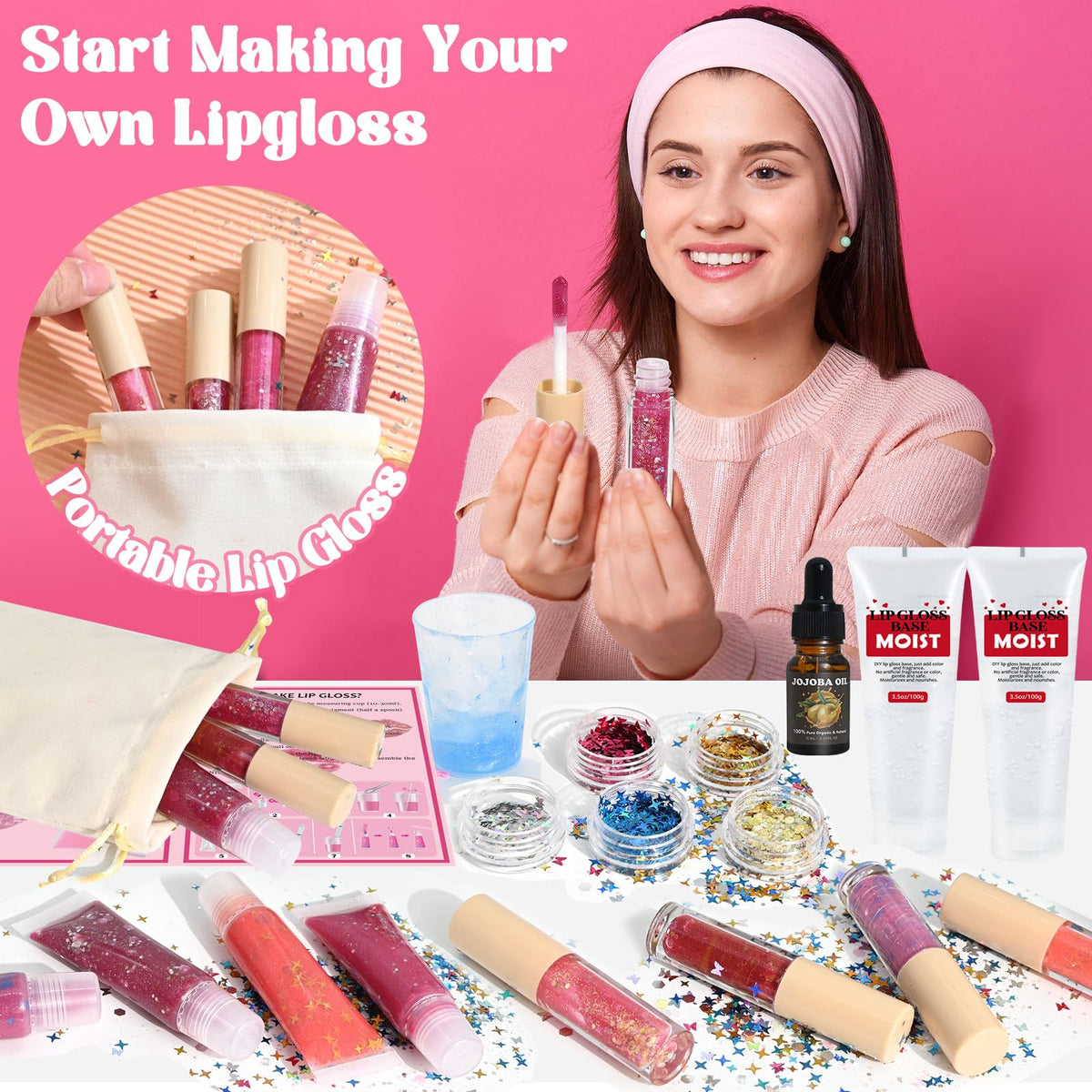 JUYRLE drawstring pouches keep palettes organized during DIY lip gloss session