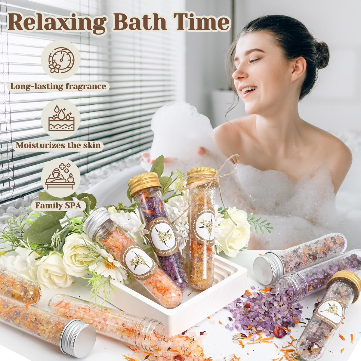 JUYRLE dried flowers and colors ready to customize your bath salts.