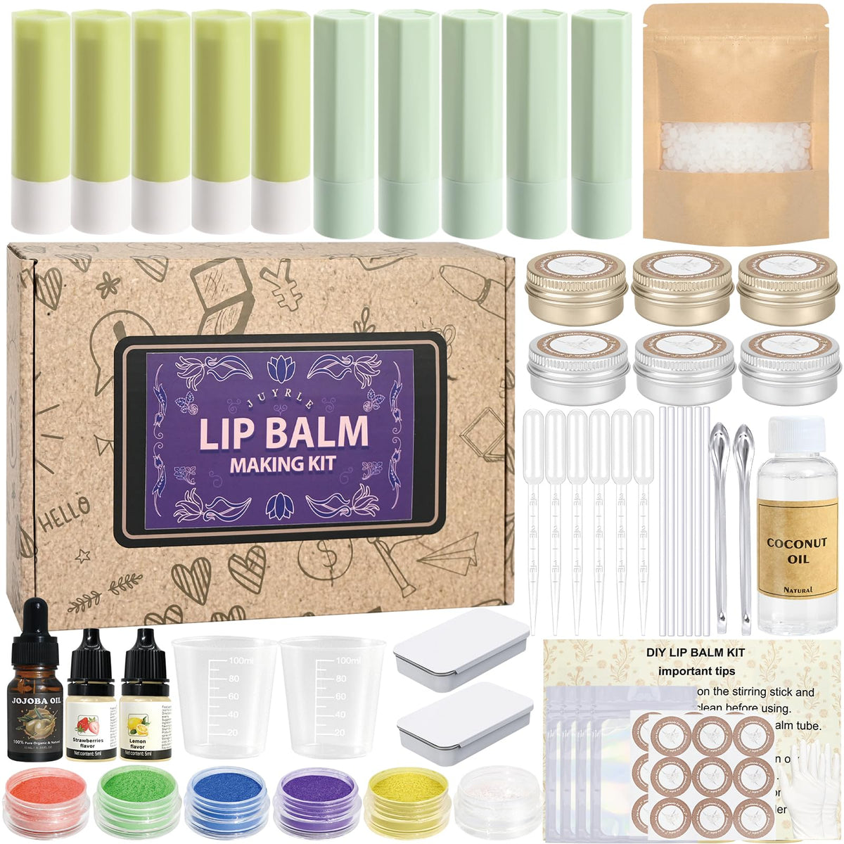 JUYRLE lip balm making kit coconut oil setup: complete starter supplies for at-home lip care.