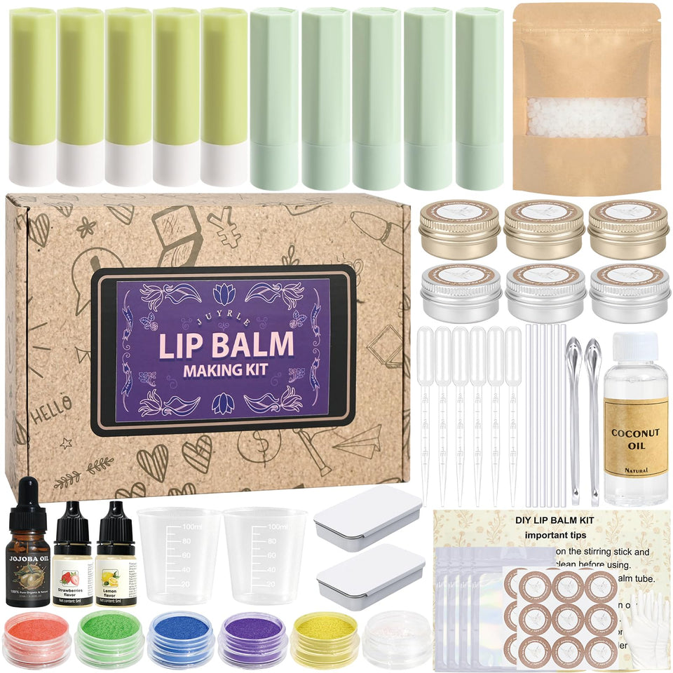 JUYRLE lip balm making kit coconut oil setup: complete starter supplies for at-home lip care.