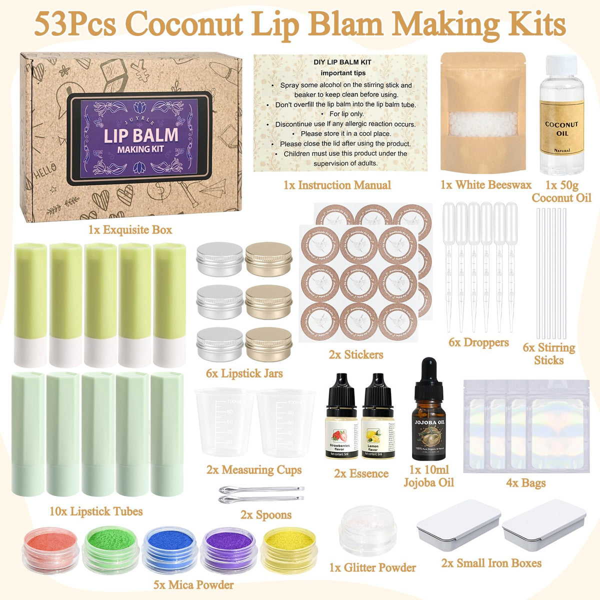 JUYRLE lip balm tubes and jars: easy packaging for finished, portable lip gloss.