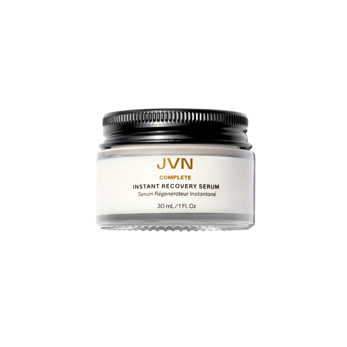JVN Complete Instant Recovery Serum bottle with pump for easy, even application and smooth results.