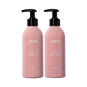 JVN Revive shampoo bottle promoting color-safe cleansing and strengthened hair.