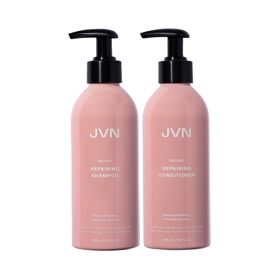 JVN Revive shampoo bottle promoting color-safe cleansing and strengthened hair.