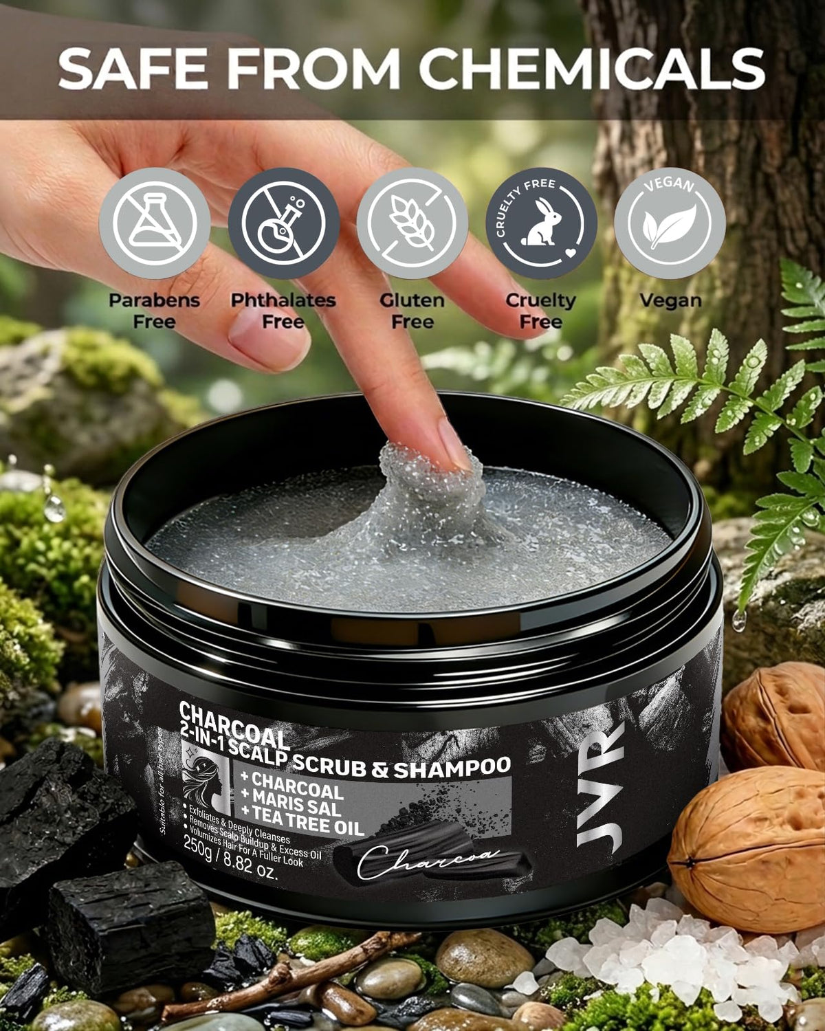 JVR Scalp Scrub Camellia Seed Oil bottle highlights nourishing hydration