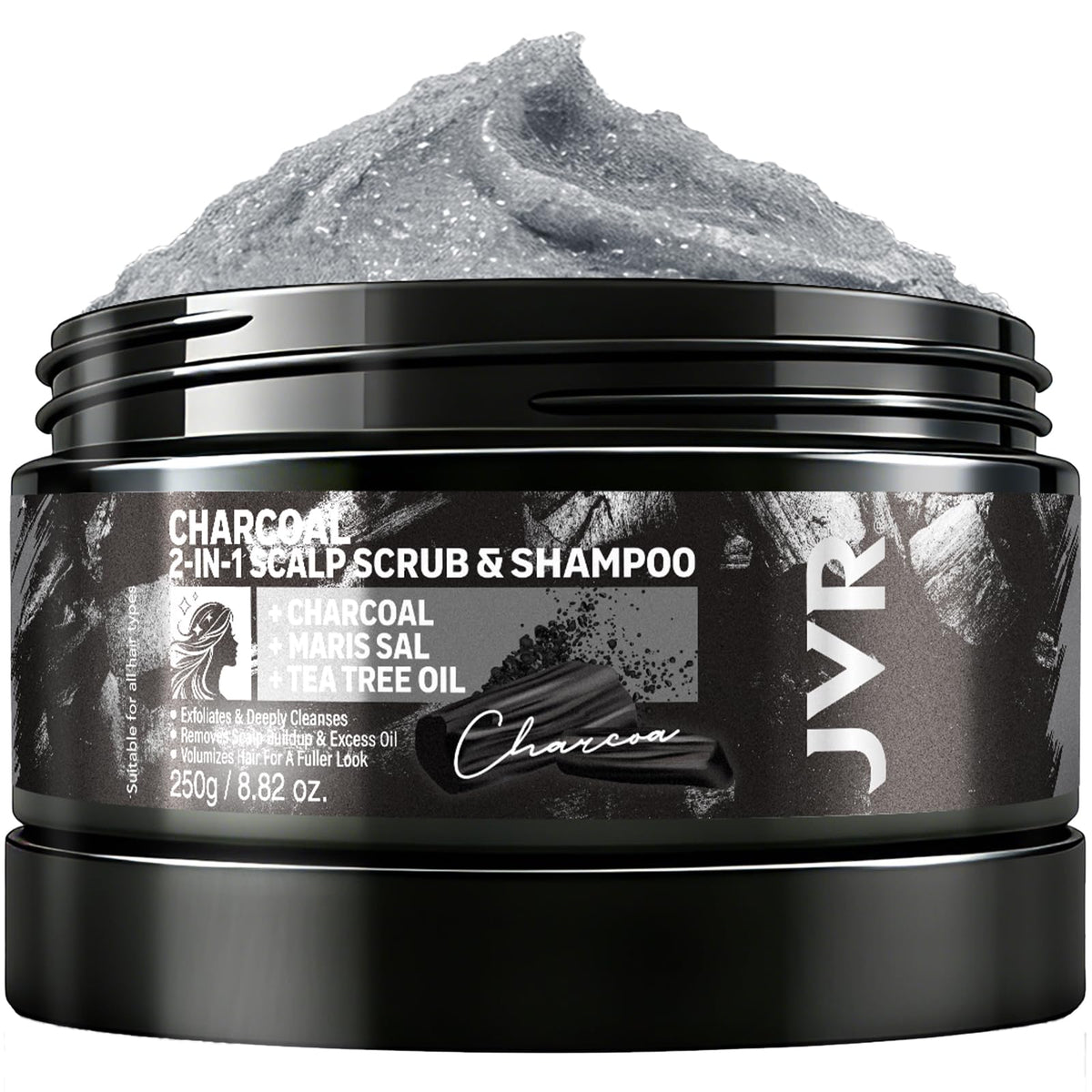 JVR Scalp Scrub Shampoo charcoal bottle highlighting detoxifying cleanse for scalp purity
