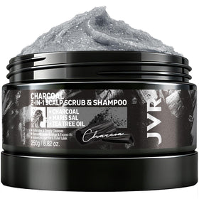 JVR Scalp Scrub Shampoo charcoal bottle highlighting detoxifying cleanse for scalp purity