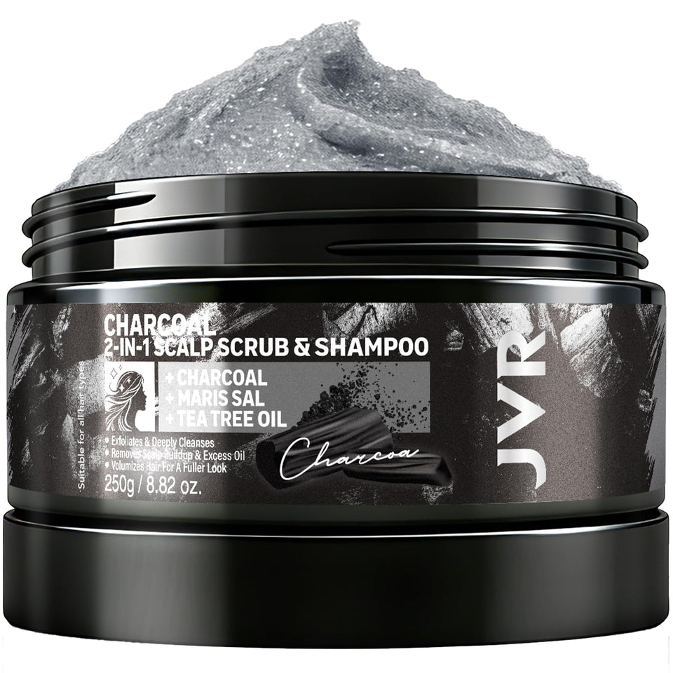 JVR Scalp Scrub Shampoo charcoal bottle highlighting detoxifying cleanse for scalp purity