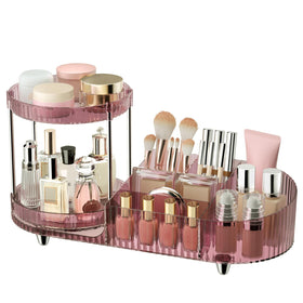 Jywantful 360 rotating makeup organizer on vanity for easy access to cosmetics.