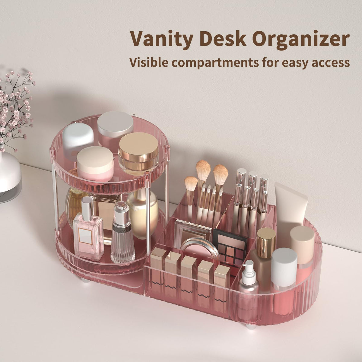 Jywantful five-compartment cosmetics storage keeps items neatly organized.
