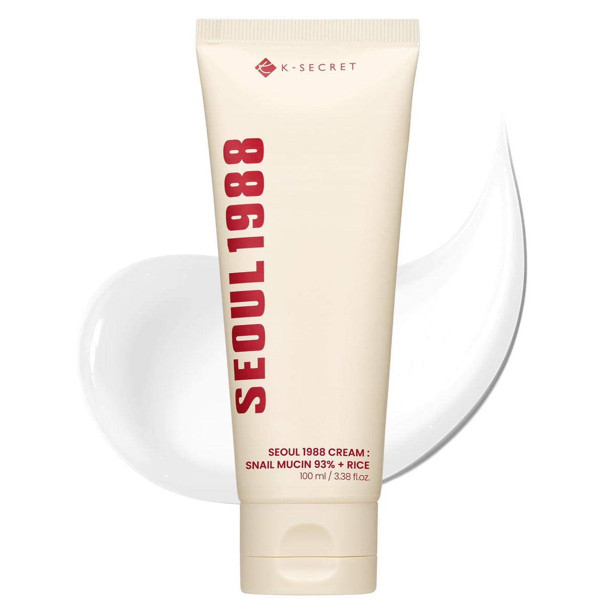 K-SECRET Seoul 1988 snail mucin cream bottle, showcasing concentrated hydration for smooth skin.