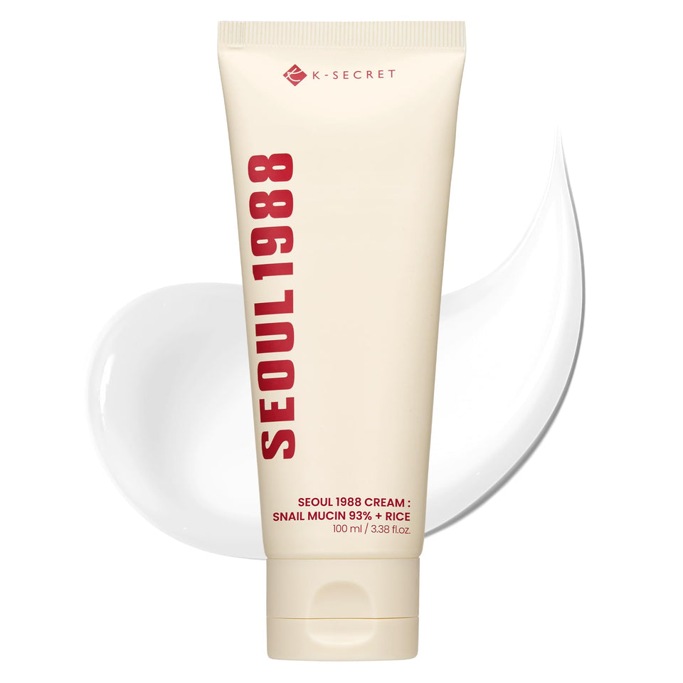 K-SECRET Seoul 1988 snail mucin cream bottle, showcasing concentrated hydration for smooth skin.