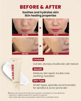 K-SECRET snail mucin cream texture closeup highlighting non-sticky, fast-absorbing formula.