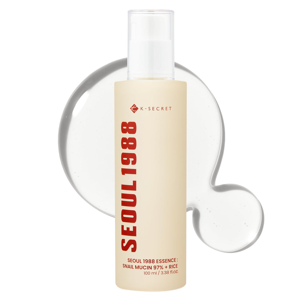 K-SECRET Seoul 1988 snail mucin essence bottle showing deep hydration and fast absorption.